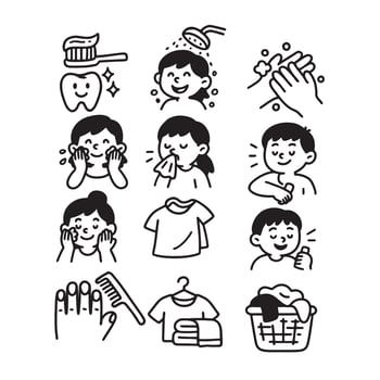 Hand Drawn Black White Personal Hygiene Icons for Kids vector