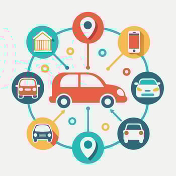 logo design for a car sharing service featuring interconnected elements representing vehicles, locations, and mobile accessibility in a modern urban setting vector