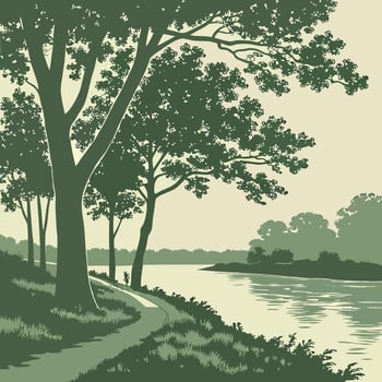 Professional Green Riverside Path Illustration High Resolution Landscape. vector