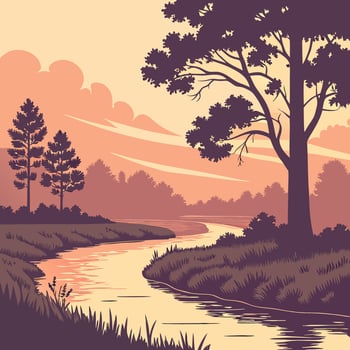 Sunset River Landscape Serene Illustration Orange. vector