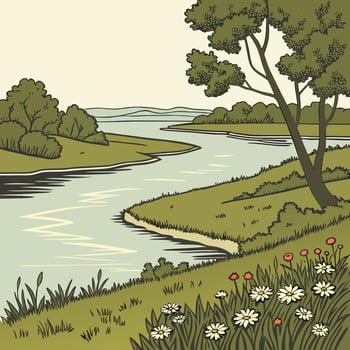 Peaceful River Landscape Illustration Daisies, Green Trees, Calm River. vector