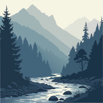 Serene Mountain River Landscape Cool Blue Tones Illustration. vector