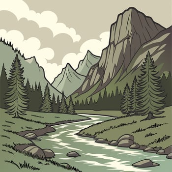 Mountain River Landscape Serene Green Valley Illustration Majestic Peaks. vector