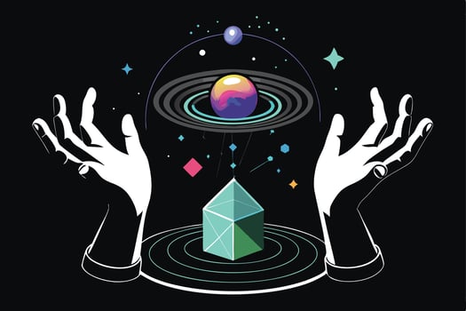 Hands Holding Cosmic Geometric Shapes vector