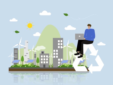 Person using laptop in eco-friendly environment vector