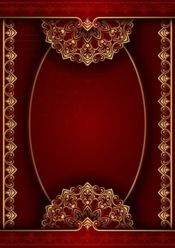 luxury red background decorated with oval frame and gold mandala vector