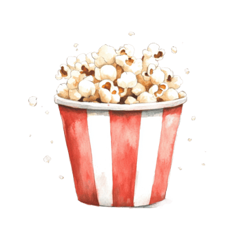 Watercolor popcorn bucket with red stripes overflowing with popcorn png