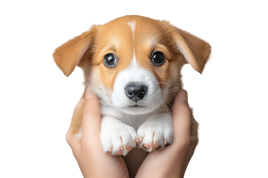 Adorable puppy held in hands displaying innocent expression png