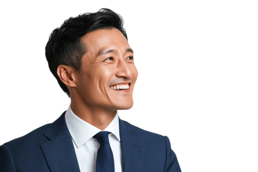 Smiling asian male adult in blue suit looking upward png