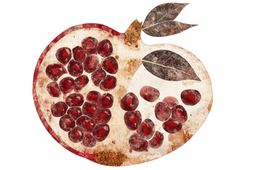 Artistic abstract pomegranate with seeds and leaves in vintage style png