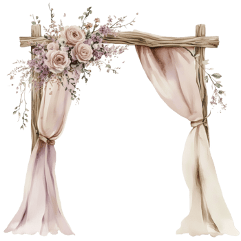 Elegant floral wedding arch with draped curtains and roses png