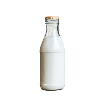 Clear glass bottle filled with fresh milk sealed with a gold cap png