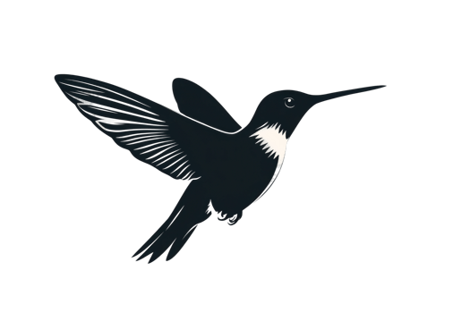 Stylized hummingbird silhouette in flight with detailed wings and beak png