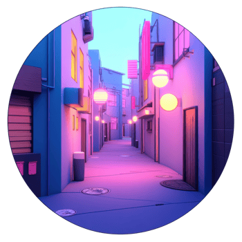 Vibrant neon alleyway with illuminated lanterns in modern urban setting png