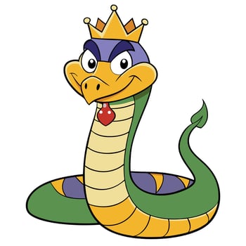 Cartoon king cobra snake mascot character wearing a golden crown illustration vector