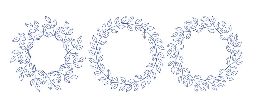 Mediterranean branches circle frame set. Blue hand drawn round line border, leaves and flowers, wedding invitation and cards, logo design and posters template. Elegant minimal style floral set vector