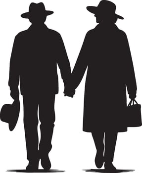 Senior Couple Walking with Matching Hats Sweet Elderly Romance and Outdoor Lifestyle Scene silhouette new 2025 trendy vector