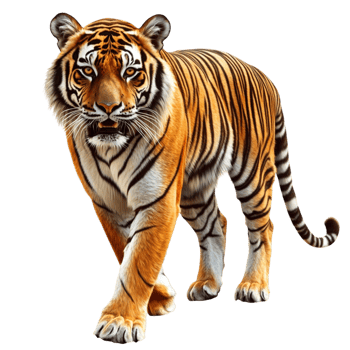 Alert Bengal Tiger Walking Forward with Intense Gaze Wildlife Portrait in Natural Light png