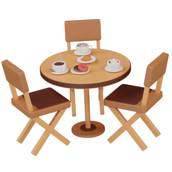 3d render Cafe table with coffee, chairs, donuts and other food illustration png