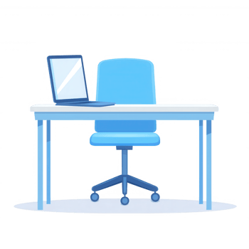 A bright and modern office setup featuring a blue desk, a swivel chair, and a laptop. Perfect for remote work or co-working spaces, emphasizing productivity and organization. png