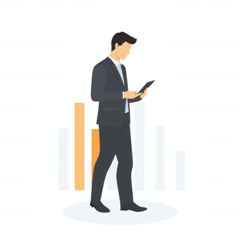 A businessman in a suit analyzes data on a digital tablet, with a bar graph in the background showing growth. Ideal for finance and corporate themes. png