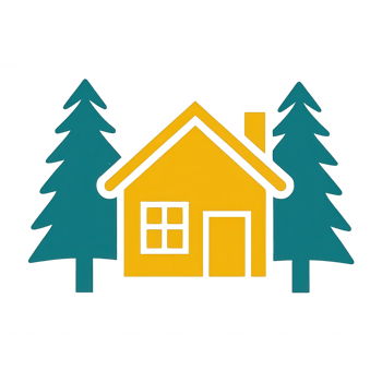 A charming yellow house surrounded by tall green trees, illustrating a peaceful and cozy environment. Perfect for representing home or nature themes. png