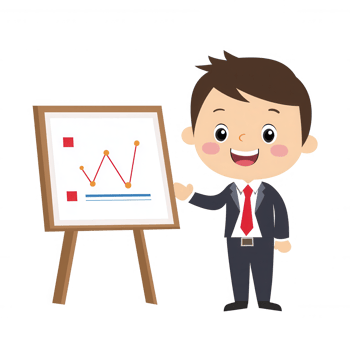 A cheerful businessman presenting a graph on an easel, showcasing positive trends. Ideal for business presentations or marketing materials on success and growth. png