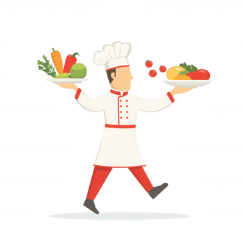 A cheerful chef balancing two plates of fresh vegetables and fruits, showcasing culinary skills and creativity on a white isolated background. png