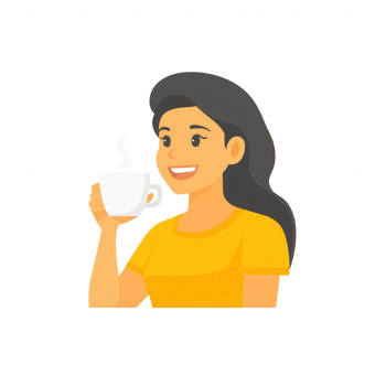 A cheerful woman enjoying a hot beverage, smiling while holding a cup of coffee or tea, perfect for promoting relaxation and warmth. png