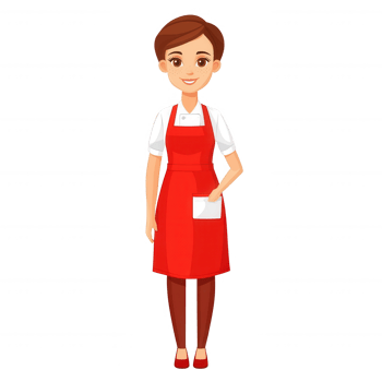 A cheerful woman in a red apron stands confidently with a friendly smile, ready to assist customers png
