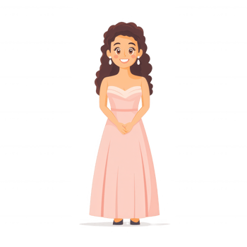 A cheerful young woman wearing a long pink dress, smiling and standing confidently against a white isolated background. Perfect for fashion and lifestyle concepts. png