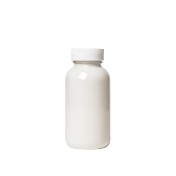 A clear glass bottle containing white liquid, ideal for showcasing beverages or ingredients, set against a white isolated background. png
