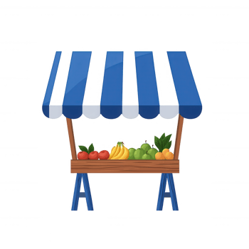 A colorful fruit stall with fresh produce, featuring a variety of fruits like bananas, tomatoes, and oranges. The stall is designed with a blue and white striped canopy. png