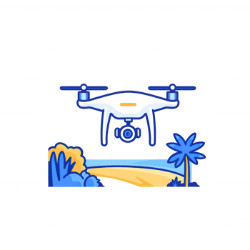 A colorful illustration of a drone flying over a scenic landscape with trees and hills, capturing stunning aerial views of nature. png