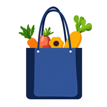 A colorful reusable shopping bag filled with fresh vegetables and fruits, featuring a vibrant carrot, green leaves, and a bright flower. Perfect for eco-friendly shopping. png