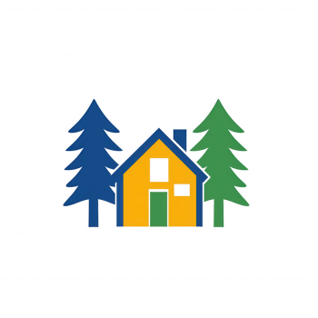 A colorful, illustrated house surrounded by tall trees, showcasing a harmonious blend of nature and home. Perfect for eco-friendly living, outdoor themes, or architecture designs. png