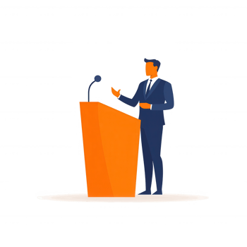 A confident businessman stands behind a podium, delivering a speech. The scene is depicted with a modern, minimalist design, showcasing professional communication. png