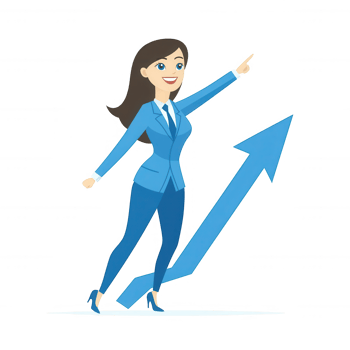 A confident businesswoman in a blue suit points upward, symbolizing success and growth with an arrow in the background, conveying motivation and progress in the corporate world. png