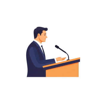 A confident speaker delivering an engaging presentation at a podium, showcasing effective communication skills and leadership qualities. png