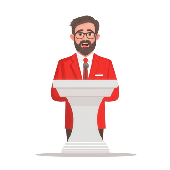 A confident speaker in a red suit standing at a podium, delivering an engaging presentation. Ideal for use in business and communication-related projects. png