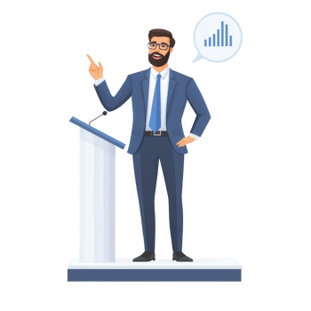 A confident speaker standing at a podium, gesturing while presenting a graph as a visual aid. Dressed in a suit, he engages the audience with effective communication. png
