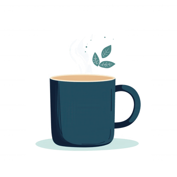 A cozy steaming cup of tea with fresh leaves above, ready to enjoy. Perfect for tea lovers and relaxation moments. png