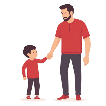A father and son holding hands, both wearing red shirts. The illustration captures a warm and affectionate moment between them on a white isolated background. png