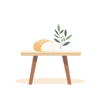 A freshly baked loaf of bread displayed on a wooden table, accompanied by a sprig of green leaves, creating a warm and inviting atmosphere. png