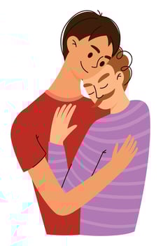 Gay Couple Hugging Illustration Isolated on White. Happy and Smiling LGBT Men in Romantic Relationship. Homosexual enamored people of same sex. Male valentines, boyfriends embracing vector