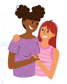 Interracial Lesbian Couple Hugging Illustration Isolated on White. Happy LGBT Women in Romantic Relationship. Homosexual enamored people of same sex. Female valentines, girlfriends embracing vector