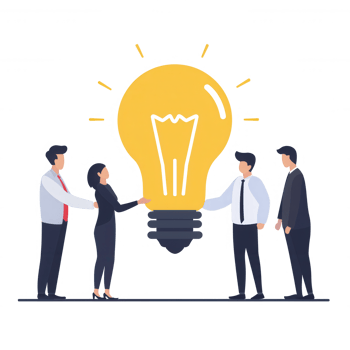 A group of professionals exchanging innovative ideas, represented by a large light bulb. Ideal for concepts like teamwork, collaboration, and brainstorming in a business context. png