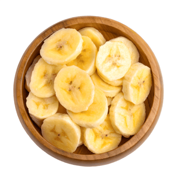 Sliced Bananas in Wooden Bowl Overhead View Transparent Background png