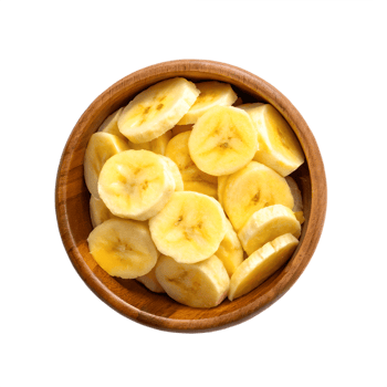 Fresh Banana Slices in Wooden Bowl Overhead View Transparent Background png