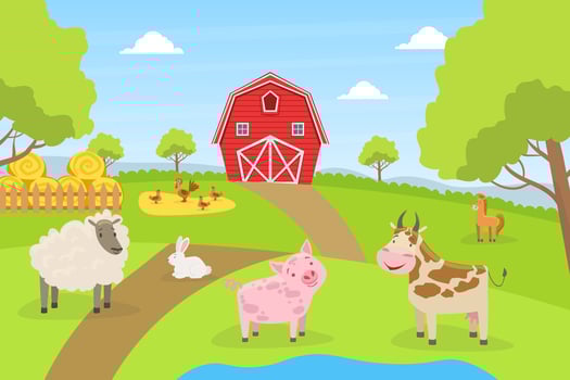 Beautiful Summer Rural Landscape with Green Field, Red Barn, Farm Animals, Cow, Pig, Sheep, Rabbit Cartoon Illustration vector